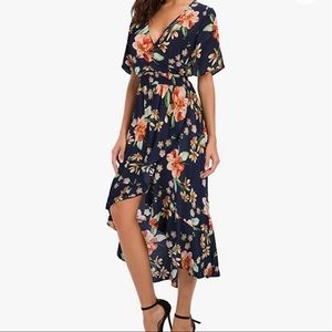 NWT Womens Short Sleeve Floral High Low V-Neck Flowy Party Long Maxi Dress - S